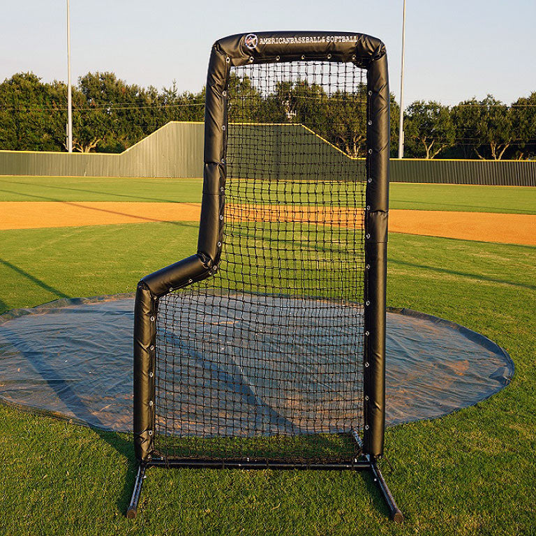 PRO 5x7 Baseball L Screen on baseball field with blue mound tarp behind it