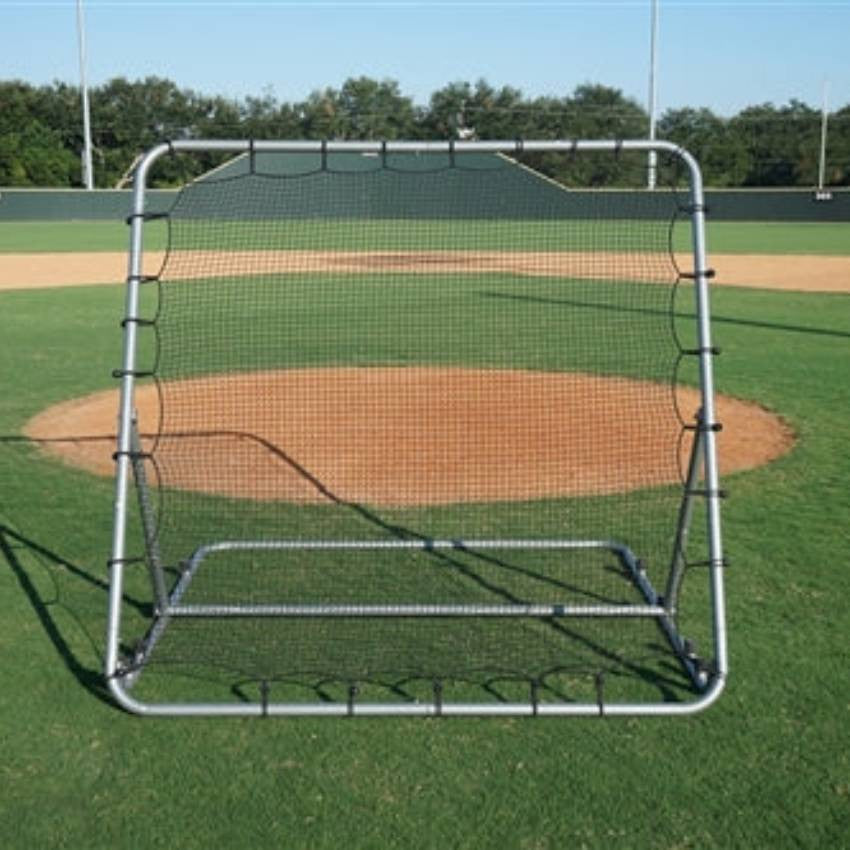 Baseball rebounder with silver frame in front of pitcher's mound
