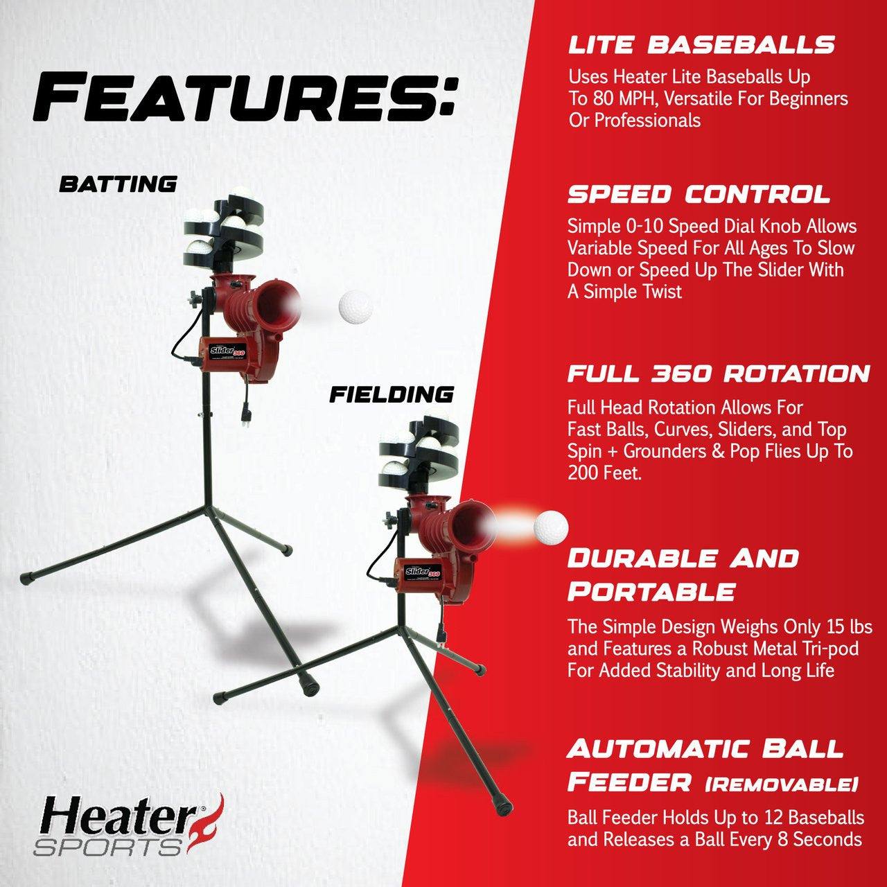 Heater Sports Slider Lite Curve Baseball Pitching Machine with Pivot Head and Auto Feeder