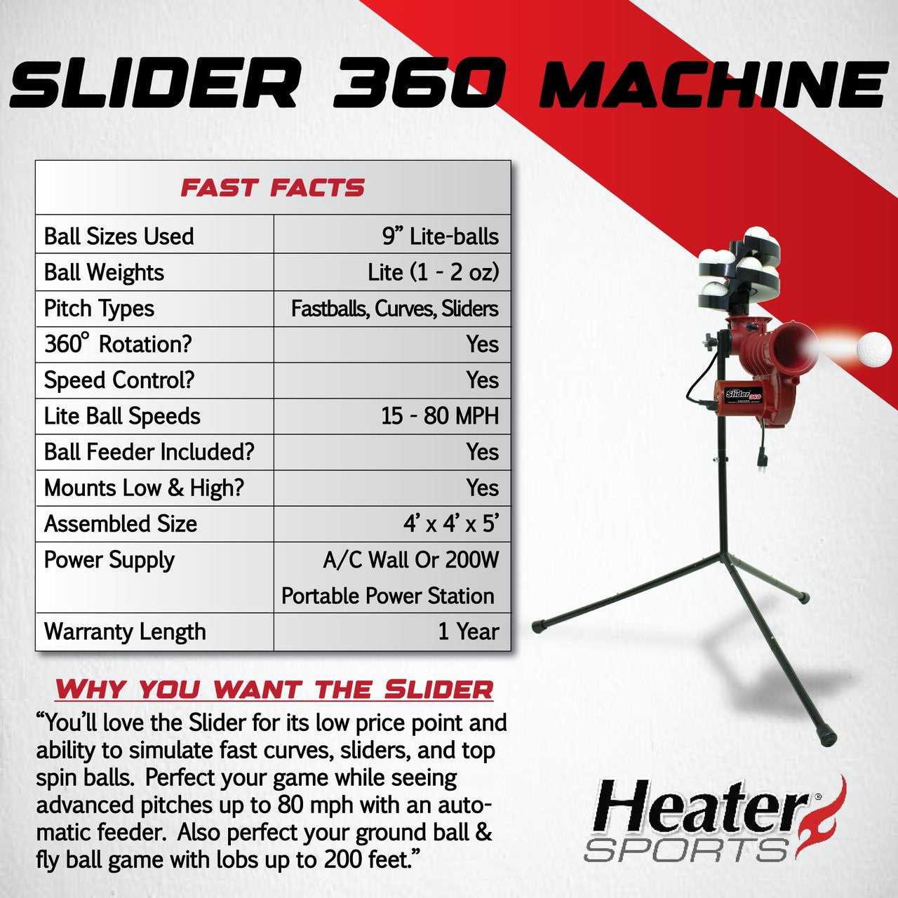 Heater Sports Slider Lite Curve Baseball Pitching Machine with Pivot Head and Auto Feeder