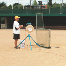 JUGS BP®1 Pitching Machine used by a coach behind a screen on a baseball field