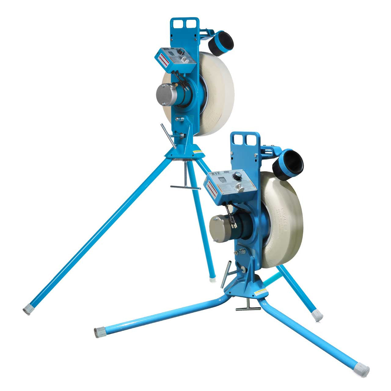 Two JUGS MVP Combo Pitching Machines on tripods