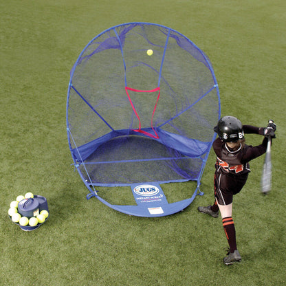 player hitting balls into a net outside