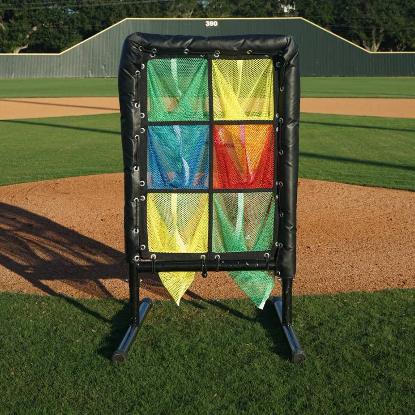 6-hole different colored pitching target on baseball field in front of mound