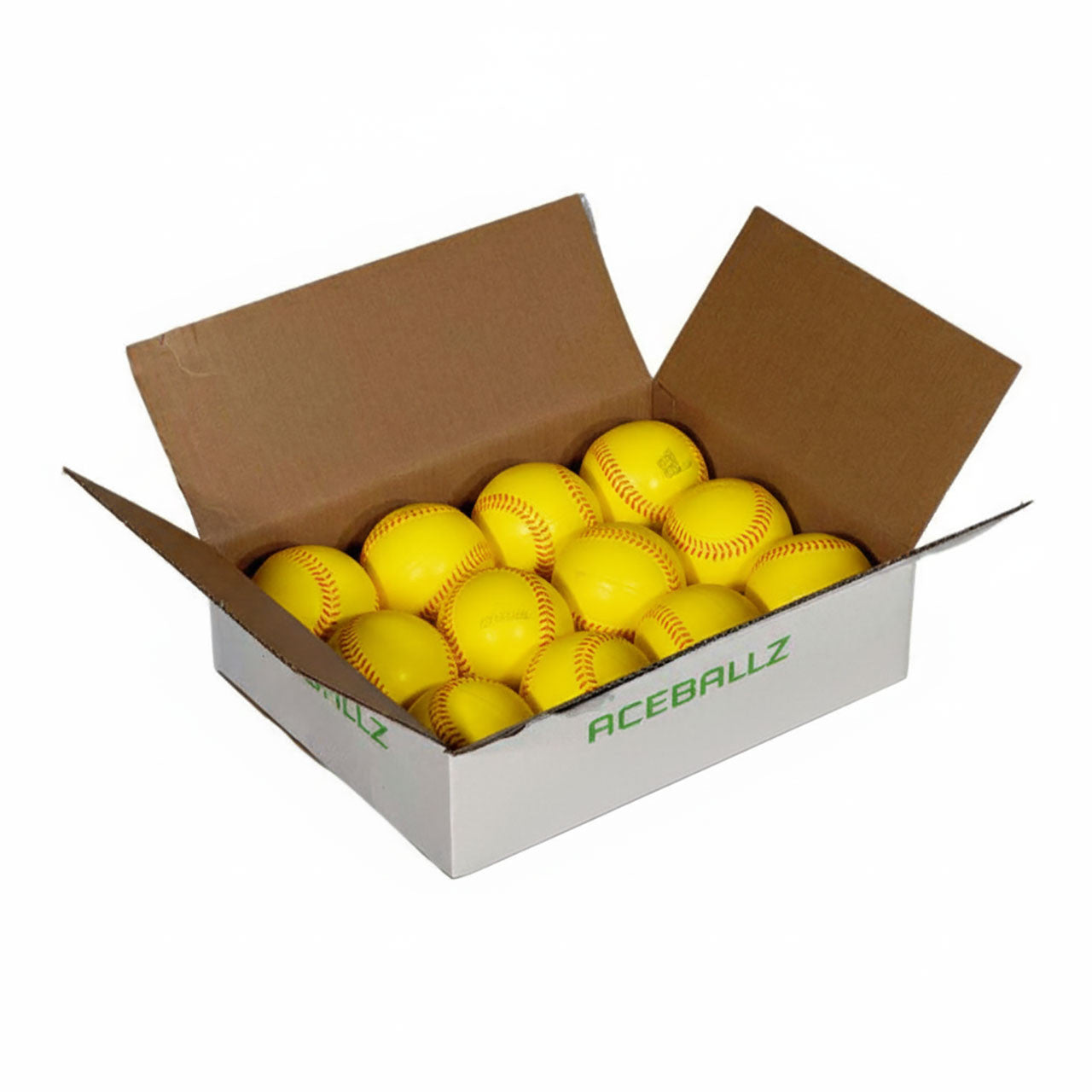 TruFlight AceBallz softballs dozen in an open cardboard box