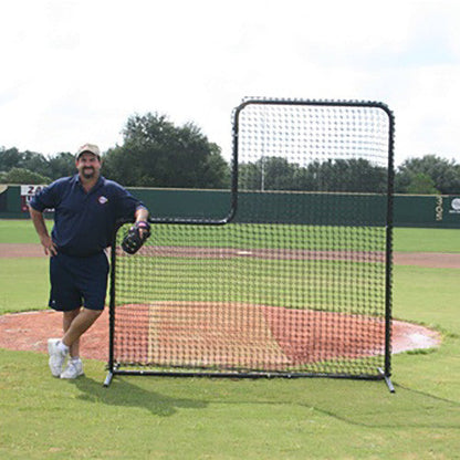 7x7 L Screen on baseball field in front of pitcher's mound with coach leaning on it